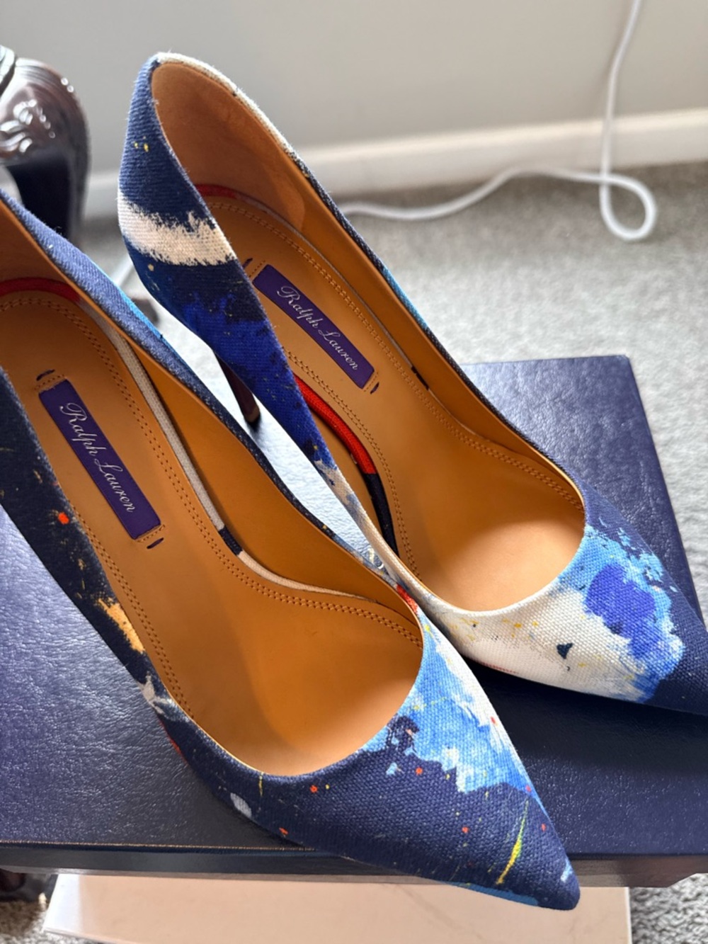 Ralph Lauren Navy Canvas Pointed-Toe Pumps with Blue & White Paint-Splatter
